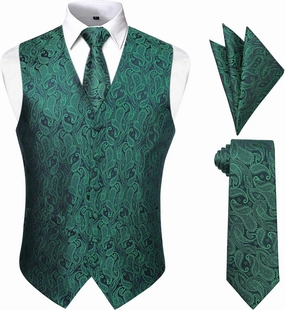 Enlision Mens Vest Tie Set Paisley Vest and Necktie Pocket Square 3pc Formal Dress Waistcoat for Suit or Tuxedo
