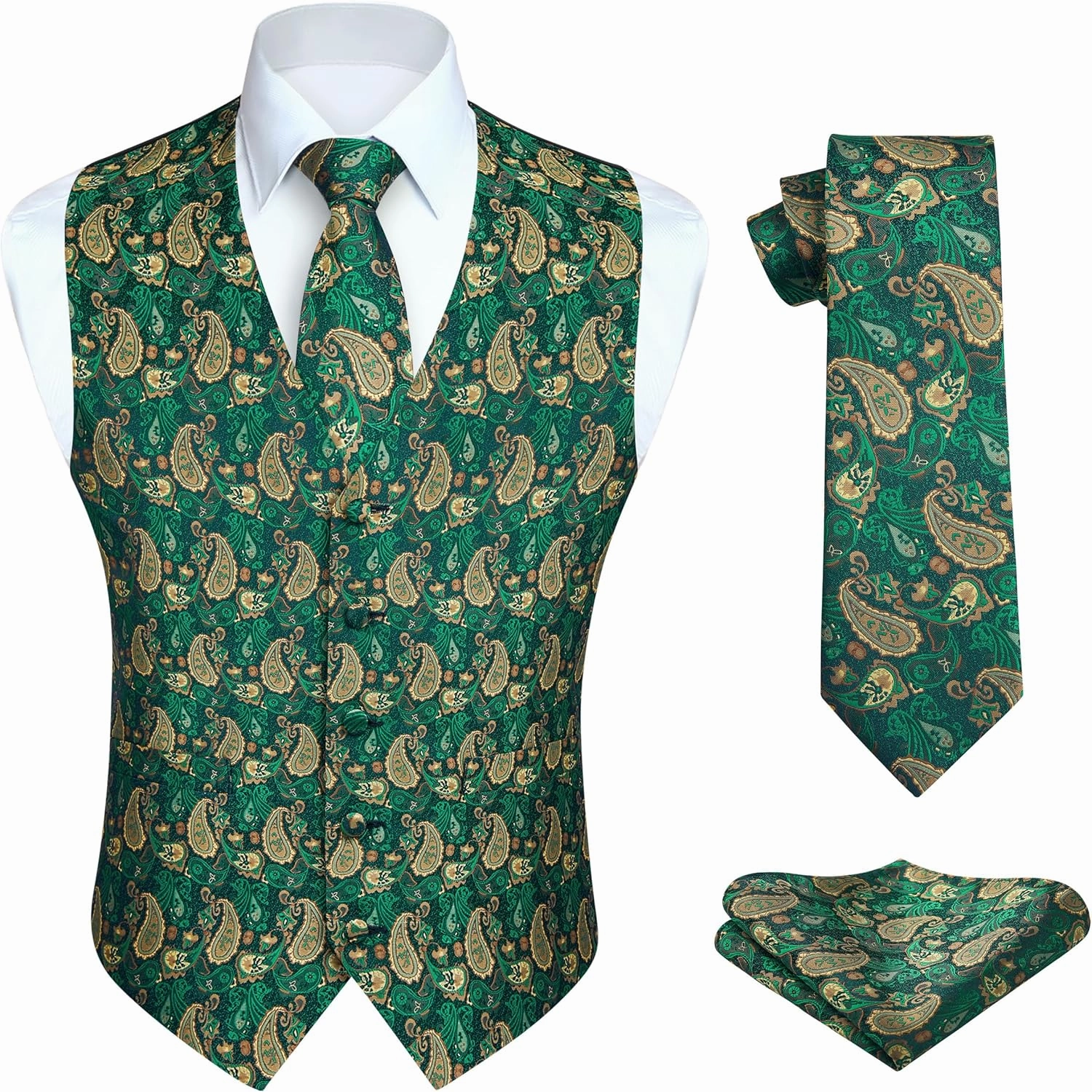 Enlision Mens Vest Tie Set Paisley Vest and Necktie Pocket Square 3pc Formal Dress Waistcoat for Suit or Tuxedo