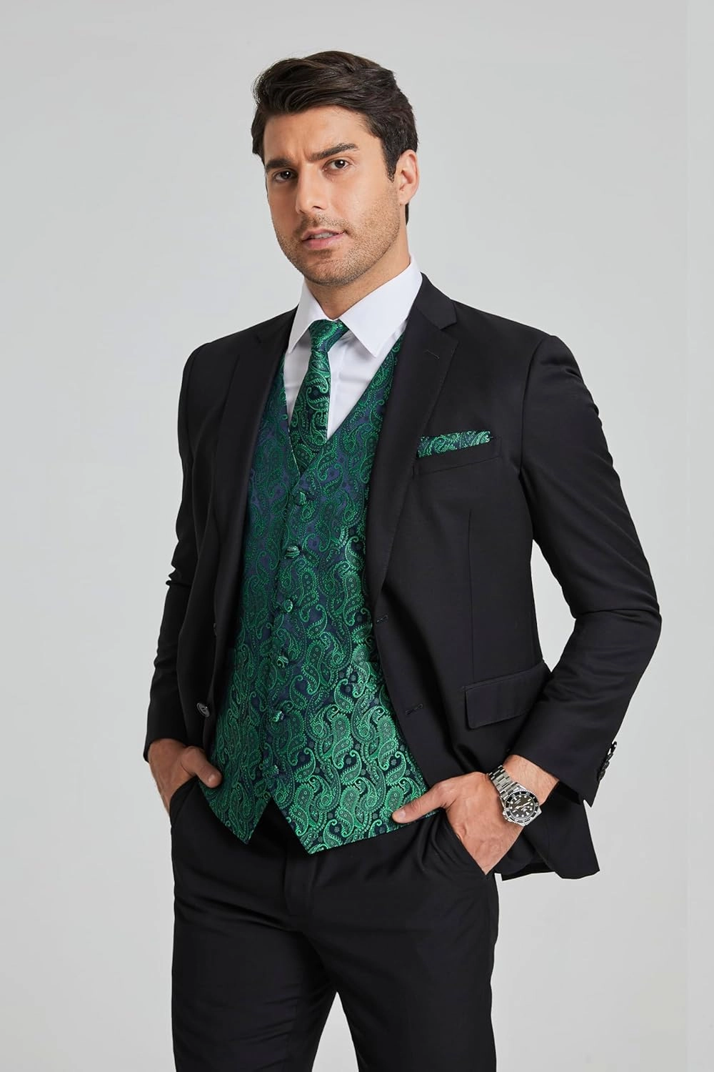 Enlision Mens Vest Tie Set Paisley Vest and Necktie Pocket Square 3pc Formal Dress Waistcoat for Suit or Tuxedo