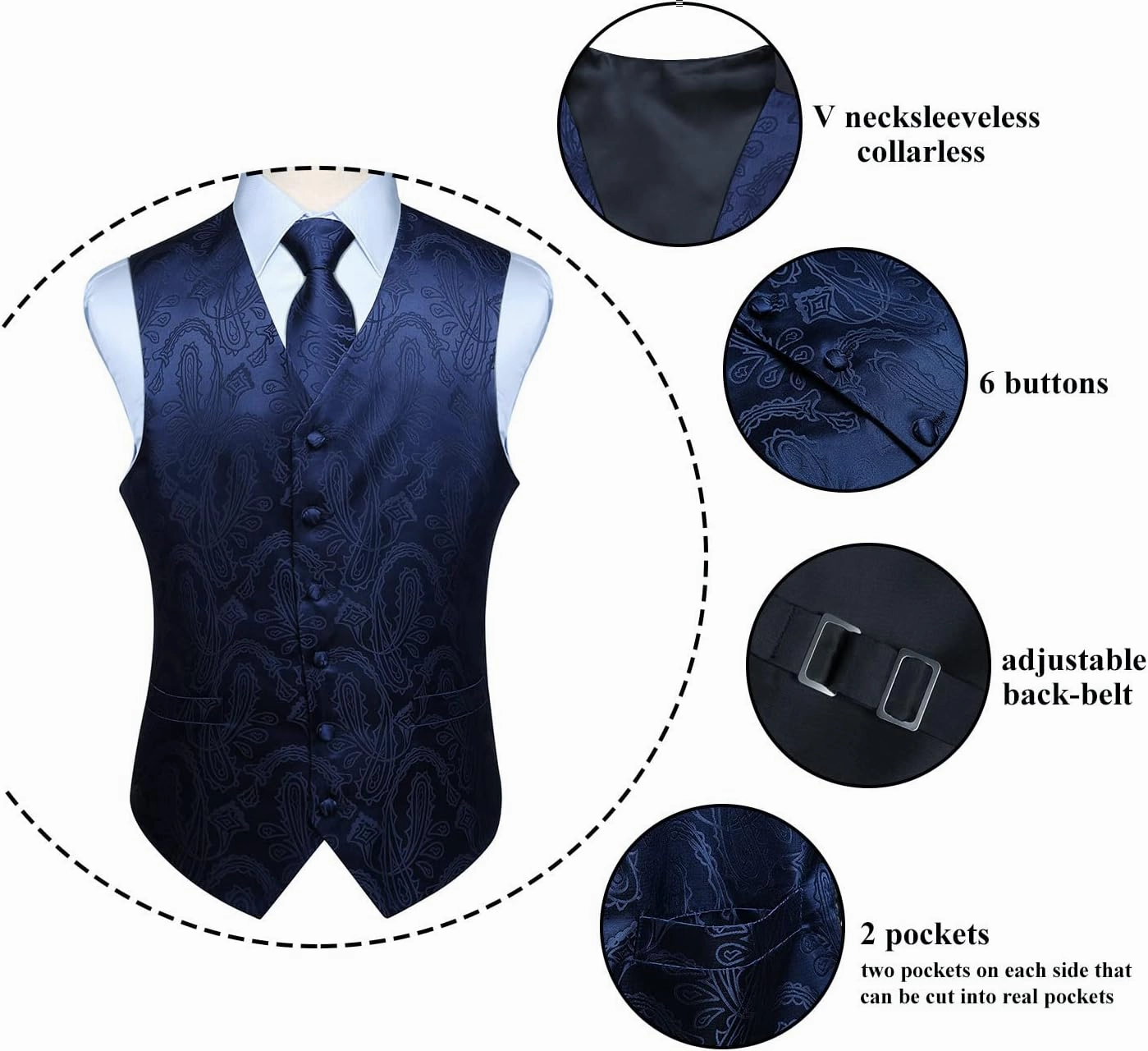 Enlision Mens Vest Tie Set Paisley Vest and Necktie Pocket Square 3pc Formal Dress Waistcoat for Suit or Tuxedo