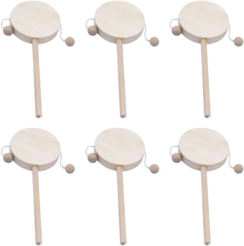 EXCEART Baby Toy 6pcs Wooden Musical Rattle Toy Unfinished Wooden Rattle-Drum Round Corner Handcraft Baby Shaking Drum Early Educational Toy for Kids DIY Painting Drawing Kids Toys