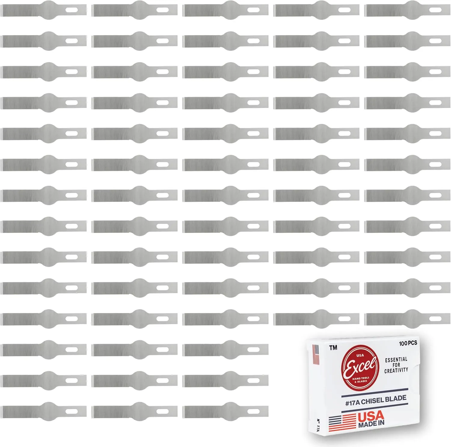Excel Blades #17A Narrow Chisel Blades (100-Pack) – High Carbon Steel Replacement Blades for Hobby Knives - Perfect for Trimming Wood, Plastic, Paper, Leather and DIY with Dispenser, Made in USA