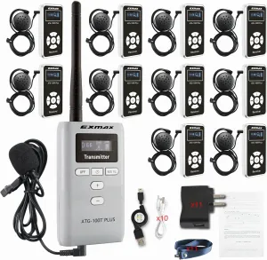 EXMAX® ATG-100T 195MHz Wireless Tour Guide System Microphone for Language Interpretation Church Class Traning Translation Conference Interpretation Travel Trip (1 Transmitter 10 Receivers)