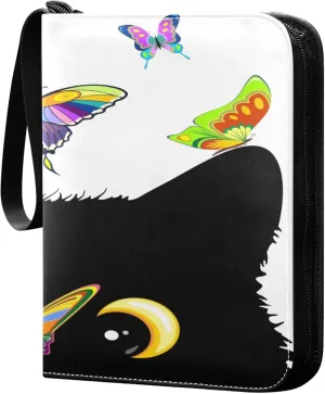 Exnundod 4 Pocket Trading Card Binder Cute Black Cat, PU Leather Card Collection Binder Colorful Butterfly 400 Cards Organizer Binder Collectible Trading Card Albums for Sports Game Card