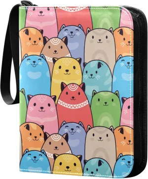 Exnundod Colorful Cute Cartoon Cats Trading Card Binder for Cards, Card Album 4-Pockets for 400 Cards with Removable Sleeves PU Baseball Card Holder Football Sports Card Collection