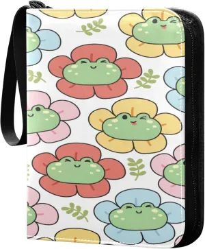 Exnundod Cute Happy Frogs Trading Card Binder for Cards, Colorful Flower Spring Card Album 4-Pockets for 400 Cards with Removable Sleeves PU Baseball Card Holder Football Sports Card Collection