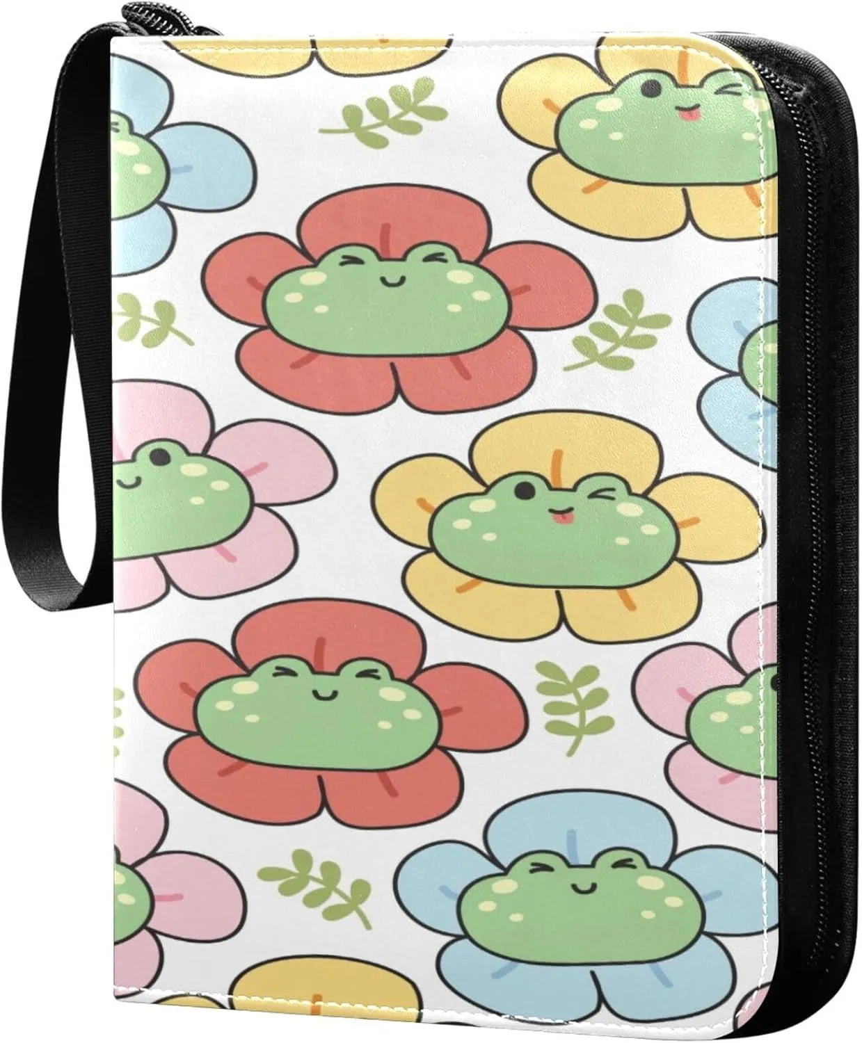 Exnundod Cute Happy Frogs Trading Card Binder for Cards, Colorful Flower Spring Card Album 4-Pockets for 400 Cards with Removable Sleeves PU Baseball Card Holder Football Sports Card Collection
