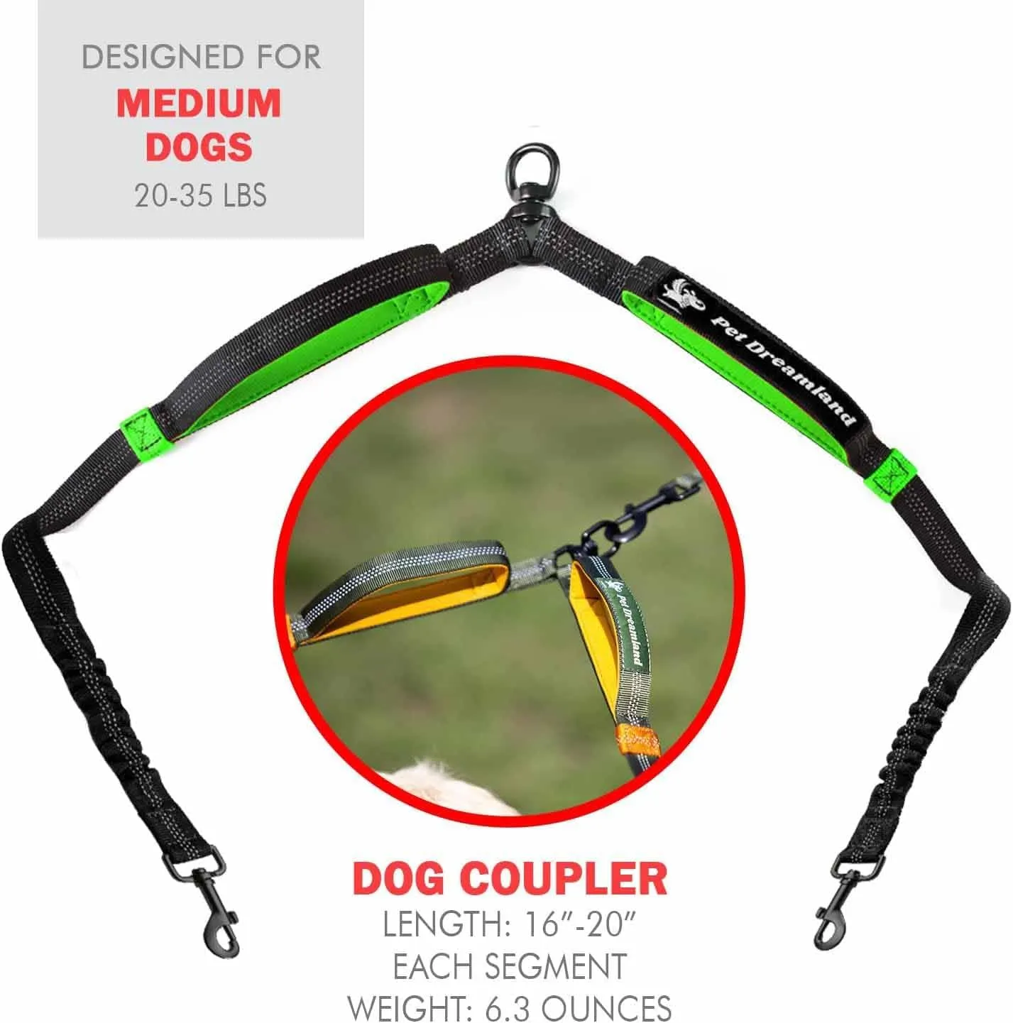 Exquisite Leash Coupler for Medium Dogs – Tangle-Free Double Clip Attachment for Walking & Running – Durable & Adjustable Connector (Coupler Only, Medium, Black & Green)