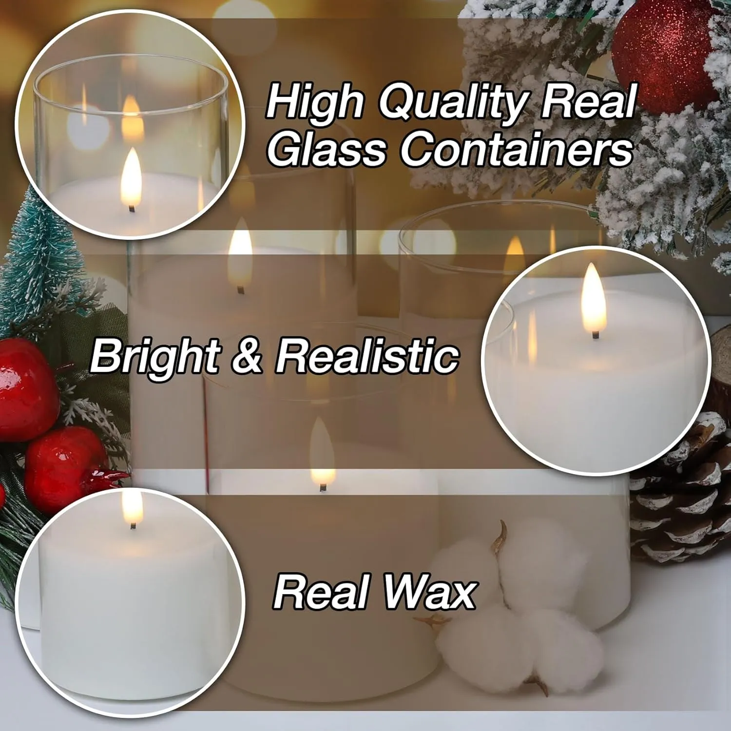 Eywamage Clear Glass Flameless Candles with Remote Timer, Flickering Battery LED Pillar Candles Set of 3