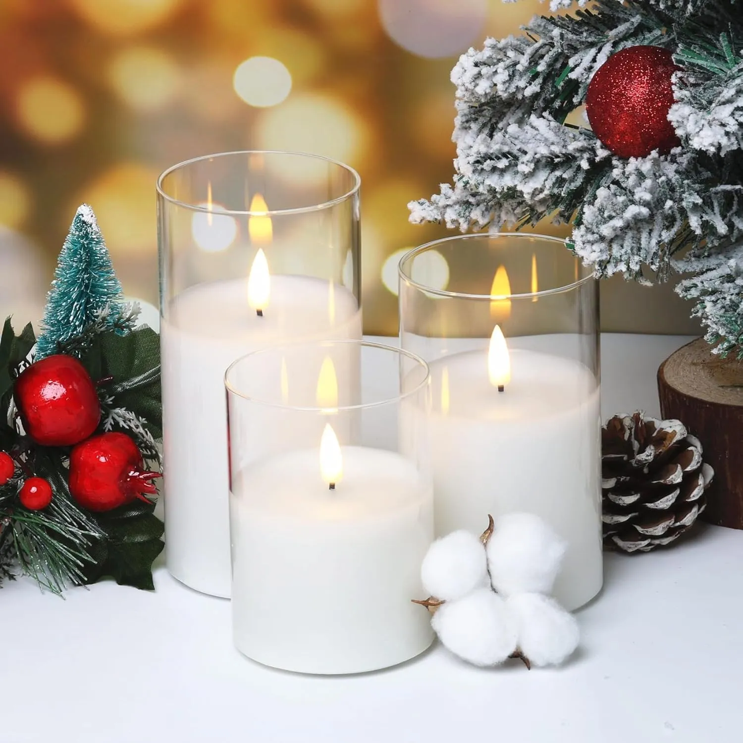 Eywamage Clear Glass Flameless Candles with Remote Timer, Flickering Battery LED Pillar Candles Set of 3