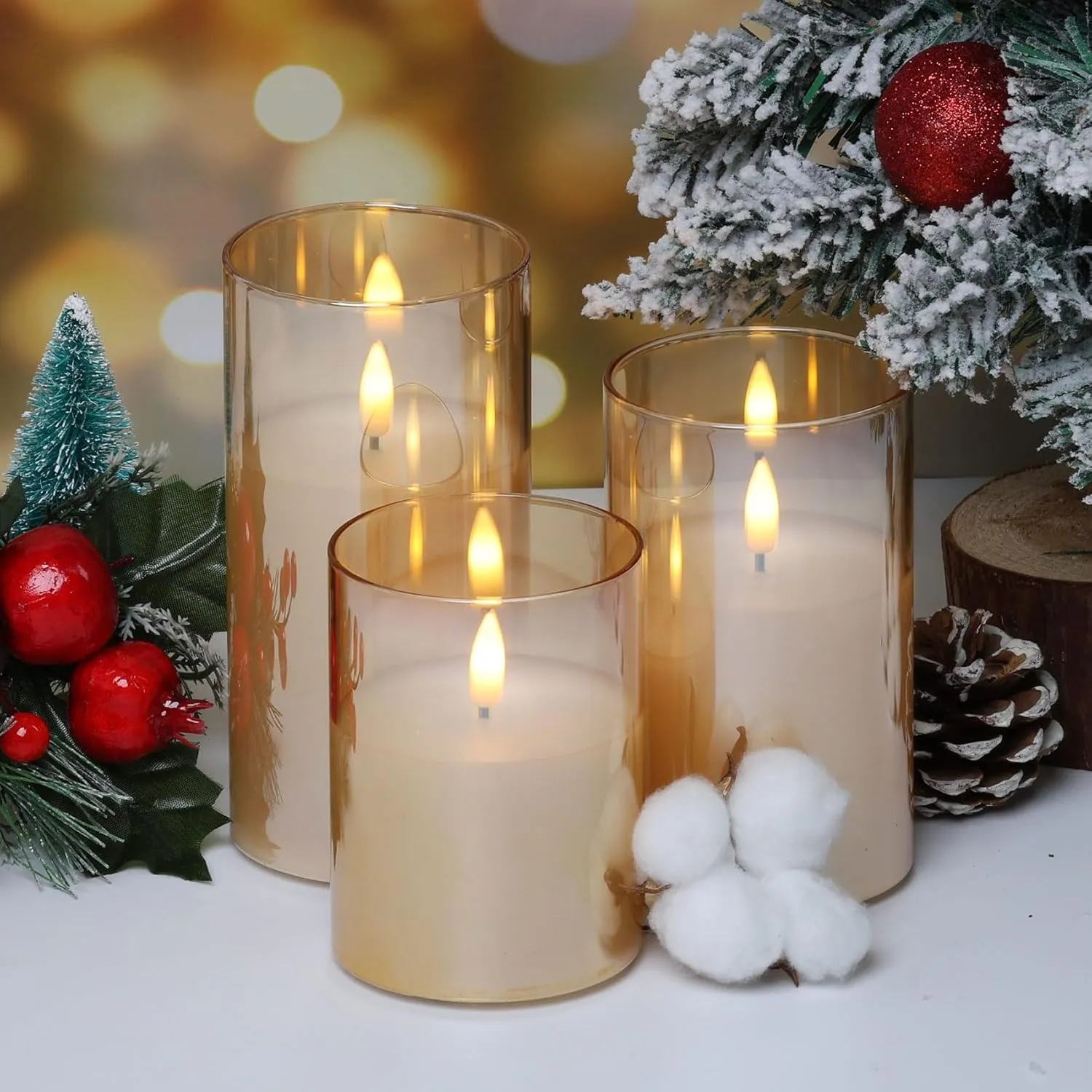 Eywamage Gold Glass Flameless Pillar Candles with Remote, Flickering Battery Operated LED Pillar Candles Set of 3