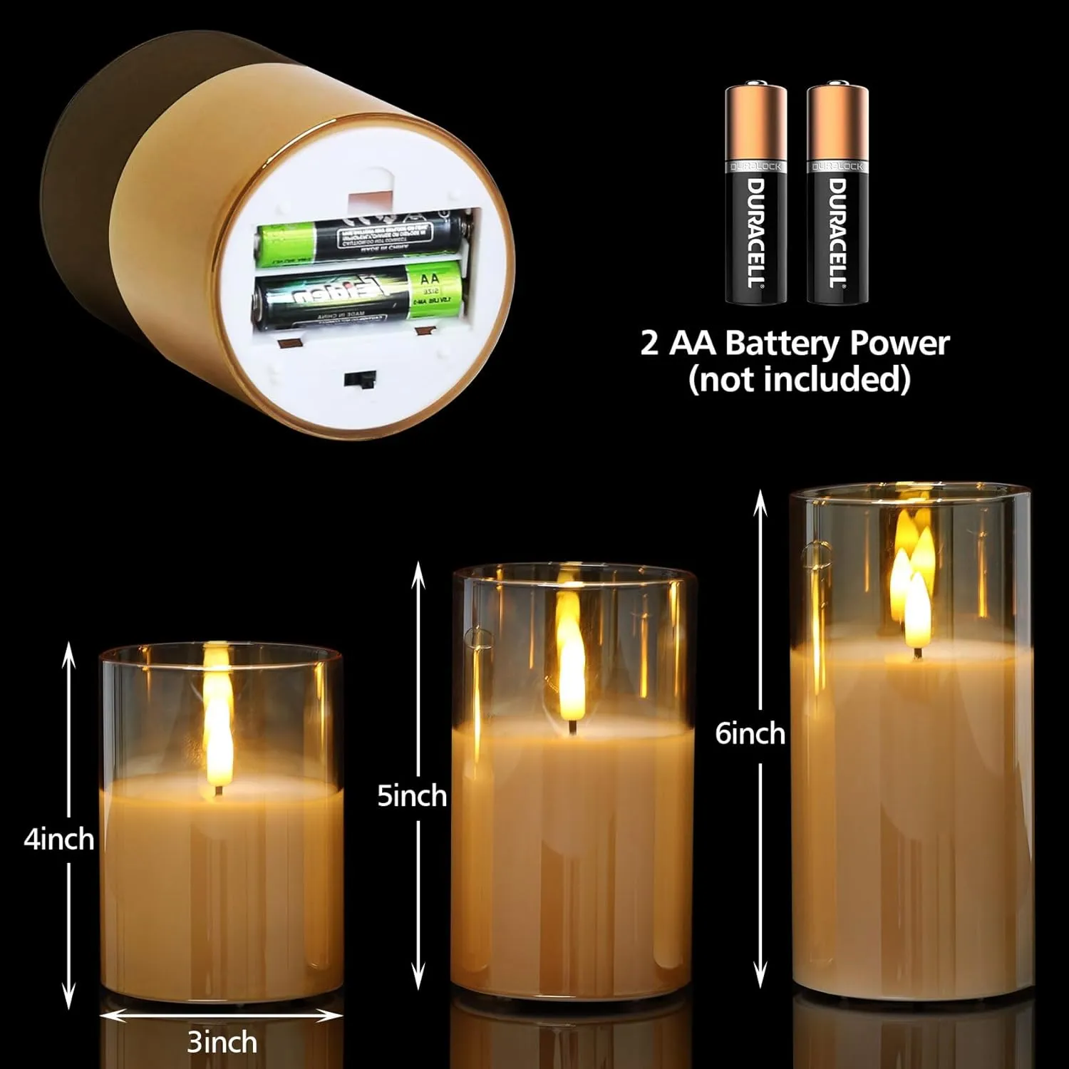 Eywamage Gold Glass Flameless Pillar Candles with Remote, Flickering Battery Operated LED Pillar Candles Set of 3