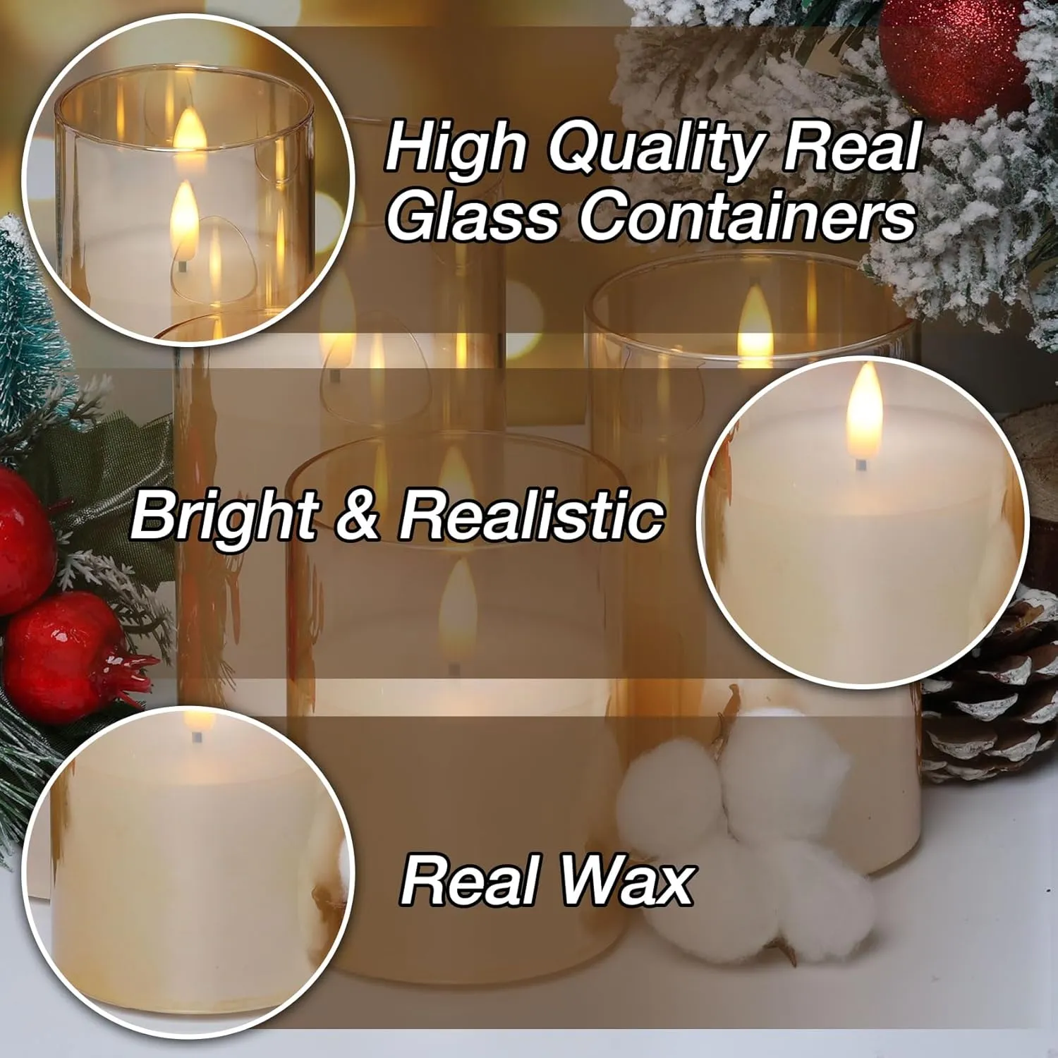 Eywamage Gold Glass Flameless Pillar Candles with Remote, Flickering Battery Operated LED Pillar Candles Set of 3
