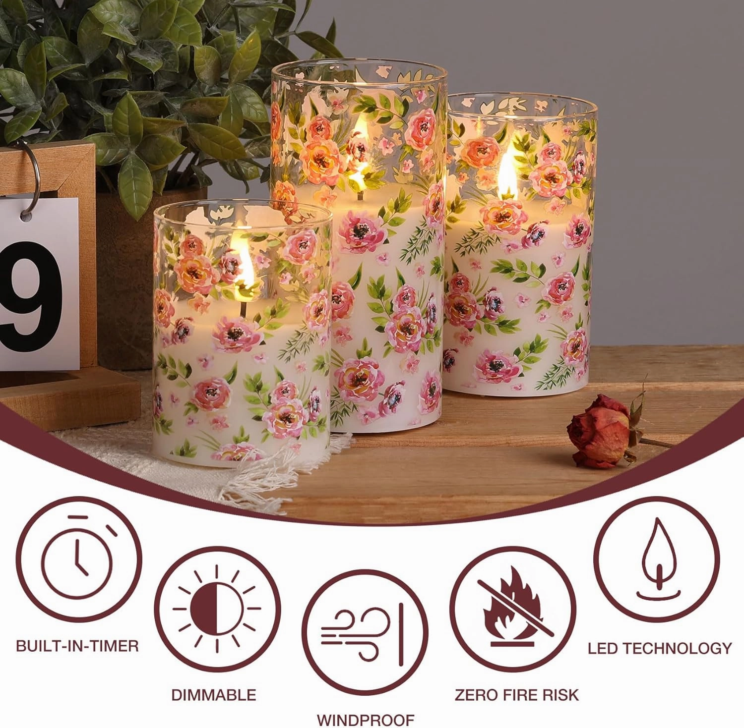 Eywamage Floral Glass Flameless Candles with Remote, Flickering Battery LED Pillar Candles Set of 3