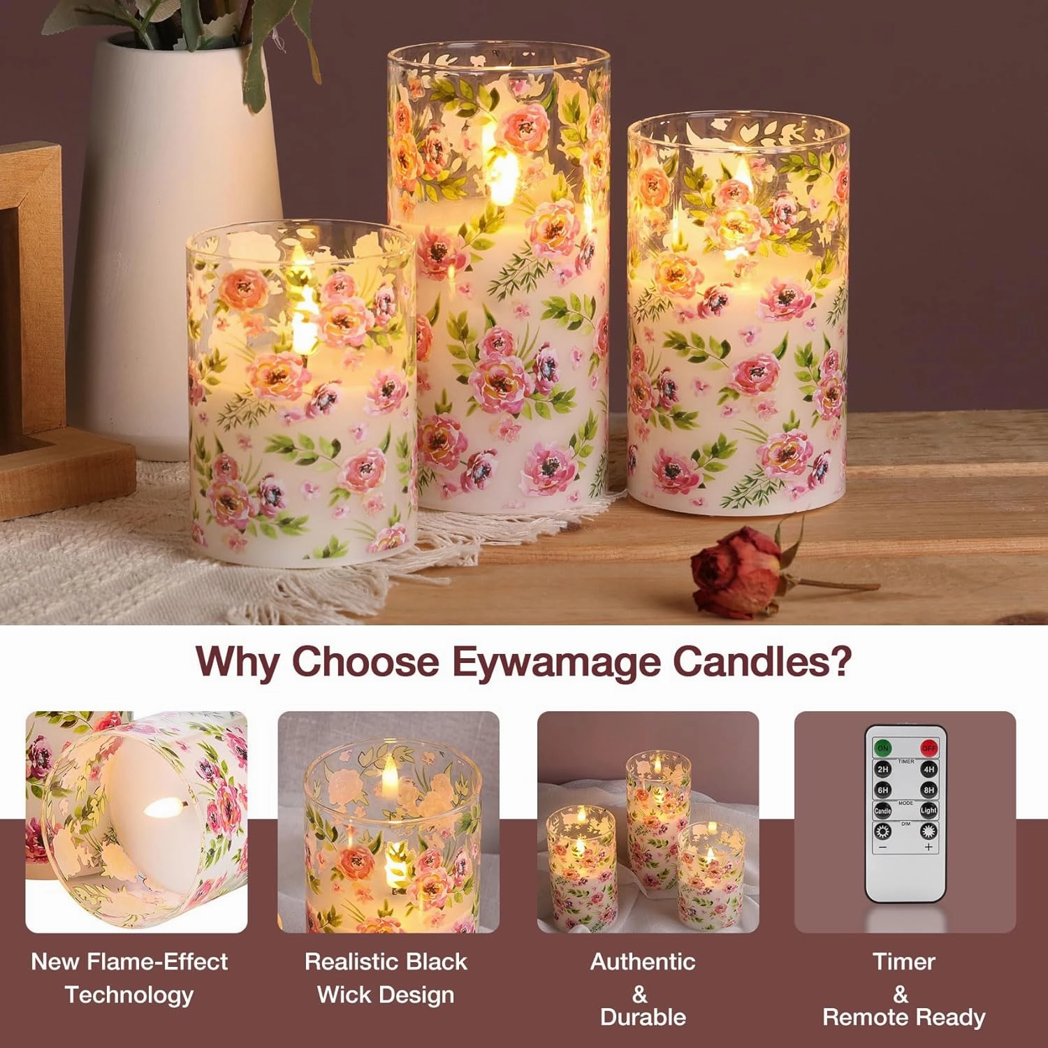 Eywamage Floral Glass Flameless Candles with Remote, Flickering Battery LED Pillar Candles Set of 3