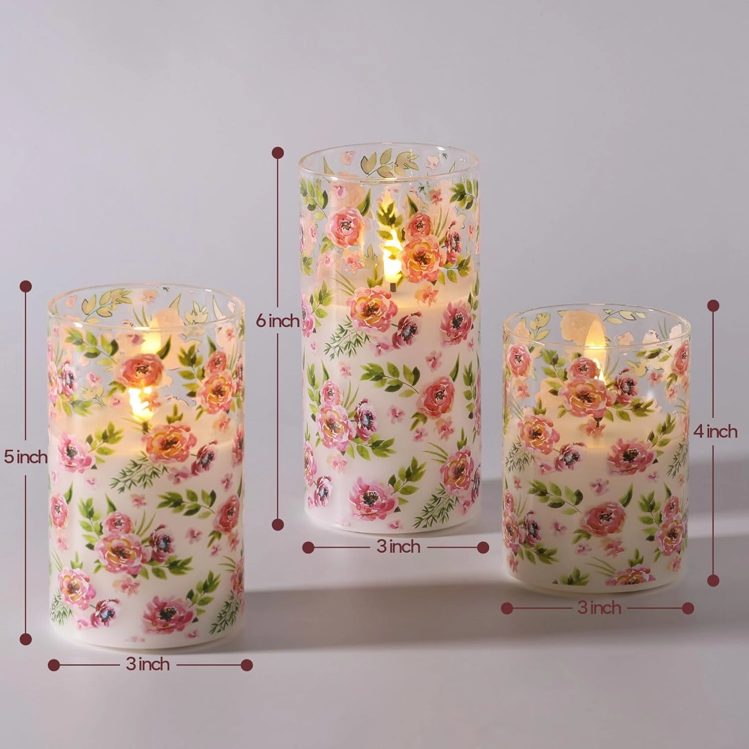 Eywamage Floral Glass Flameless Candles with Remote, Flickering Battery LED Pillar Candles Set of 3