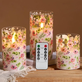 Eywamage Floral Glass Flameless Candles with Remote, Flickering Battery LED Pillar Candles Set of 3
