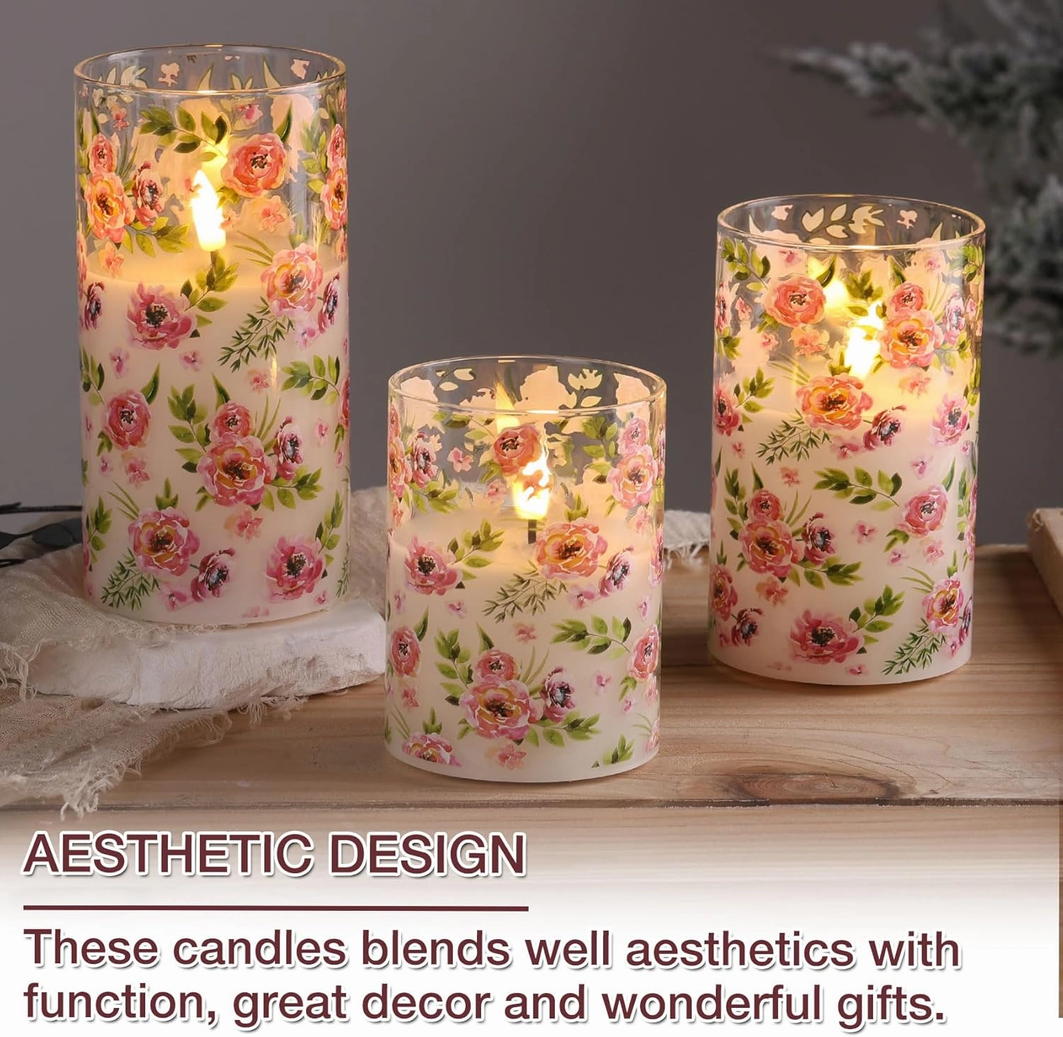 Eywamage Floral Glass Flameless Candles with Remote, Flickering Battery LED Pillar Candles Set of 3