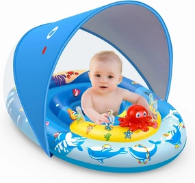 EZIGO Baby Pool Float with Canopy UPF50  Sun Protection, Inflatable Kids Pool Floats with Ocean Animal Toys for Baby 6-36 Months, Infant Swimming Float with Adjustable Safety Seat for Boys Girls