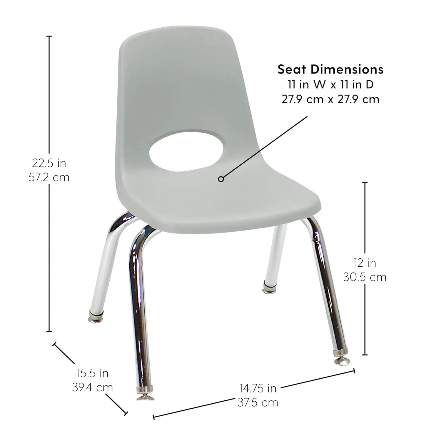 Factory Direct Partners 10360-LG 12" School Stack Chair, Stacking Student Seat with Chromed Steel Legs and Nylon Swivel Glides for in-Home Learning or Classroom - Light Gray (6-Pack)