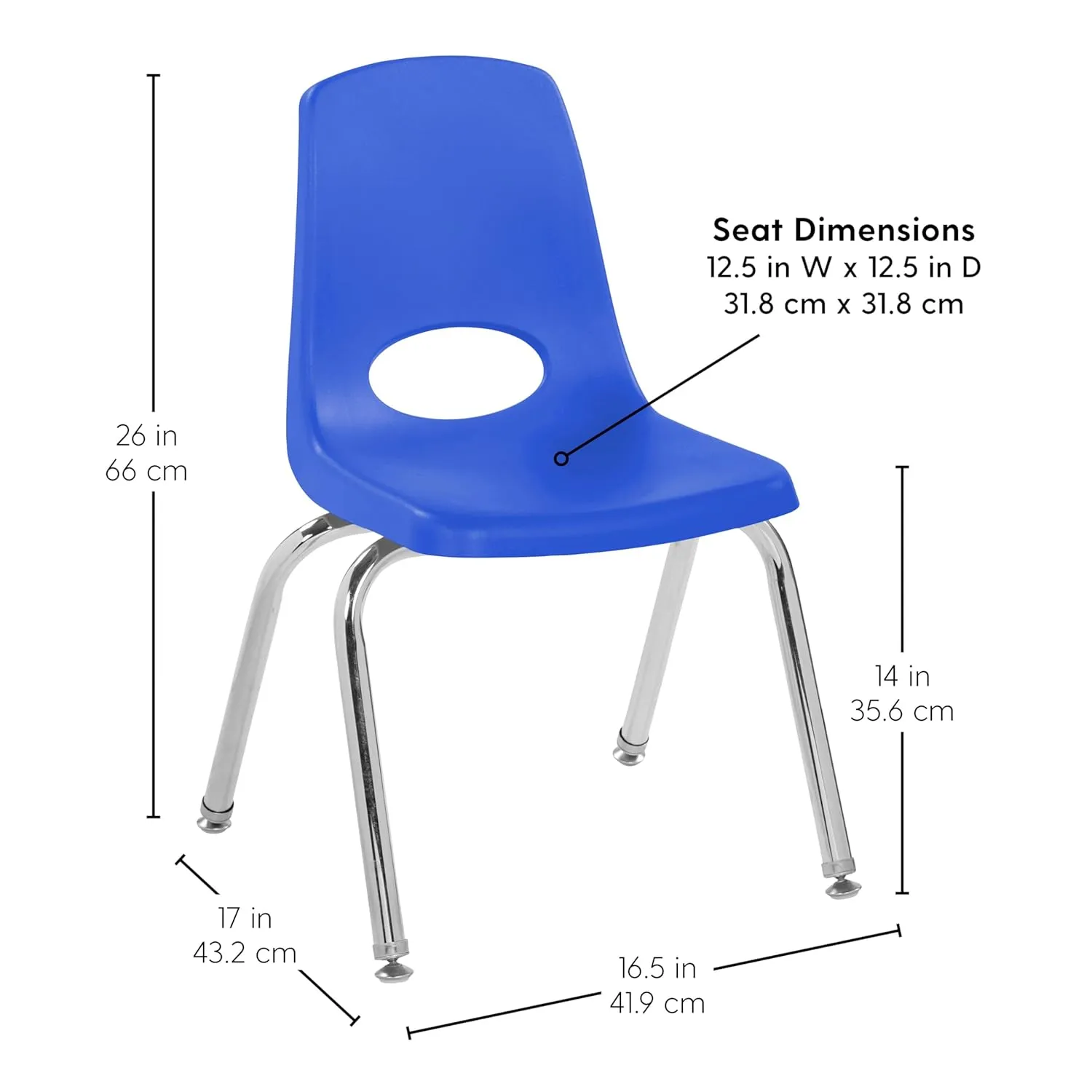 Factory Direct Partners 10364 14" School Stack Chair, Stacking Student Seat with Chromed Steel Legs and Nylon Swivel Glides for in-Home Learning or Classroom - Blue (6-Pack)