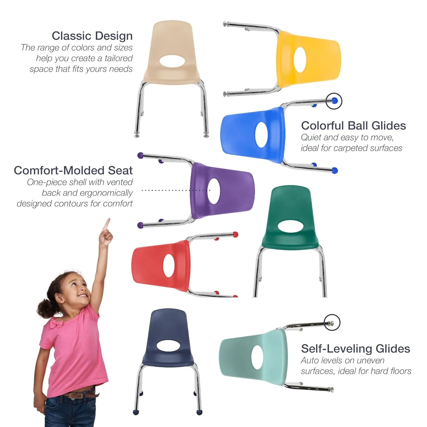 Factory Direct Partners 10364 14" School Stack Chair, Stacking Student Seat with Chromed Steel Legs and Nylon Swivel Glides for in-Home Learning or Classroom - Blue (6-Pack)