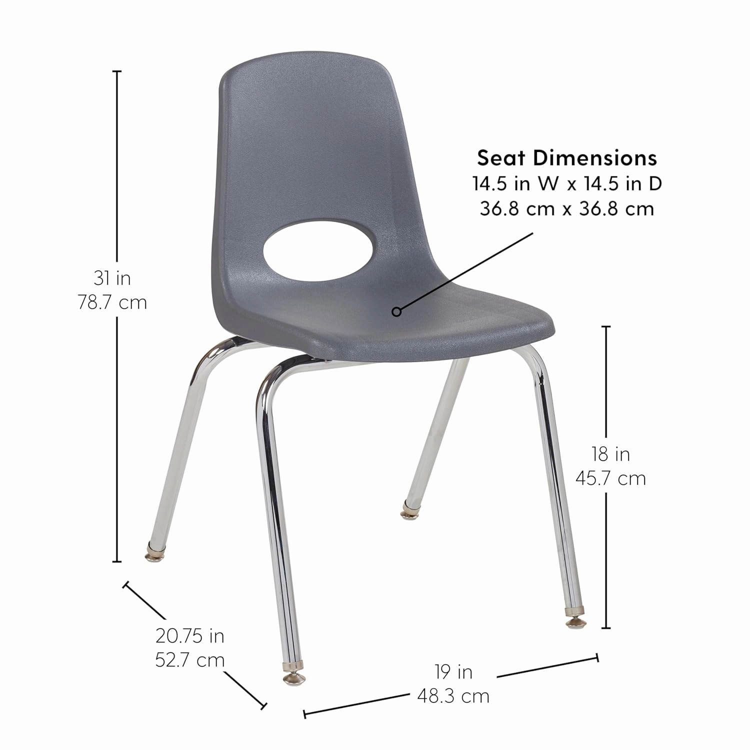 Factory Direct Partners 10371-GY 18" School, Stacking Student Chairs with Chromed Steel Legs and Nylon Swivel Glides-Gray (5-Pack)