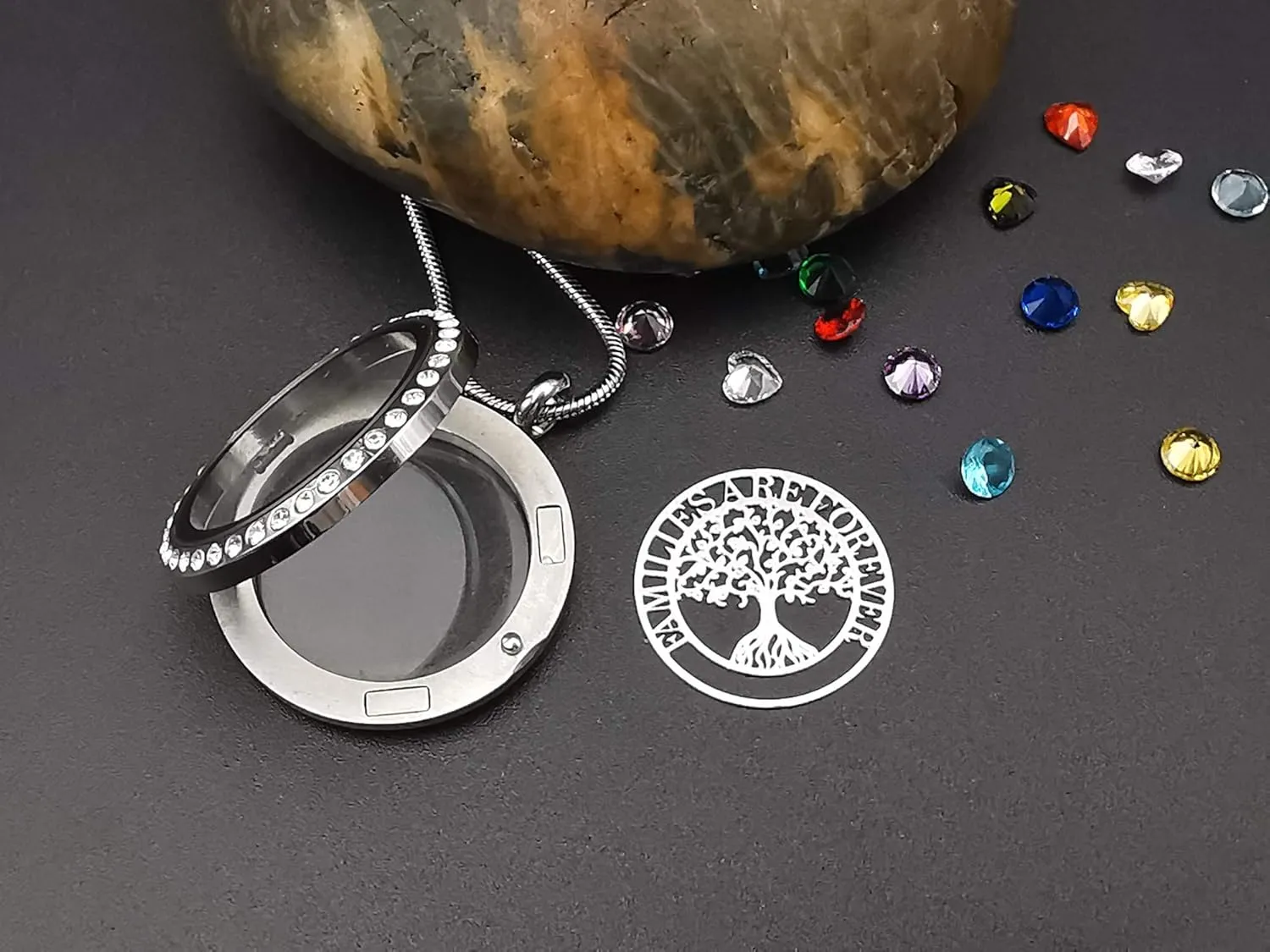 Familes Are Forever Family Tree of Life Floating Locket Necklace with 24 Birthstones