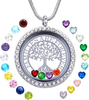 Familes Are Forever Family Tree of Life Floating Locket Necklace with 24 Birthstones