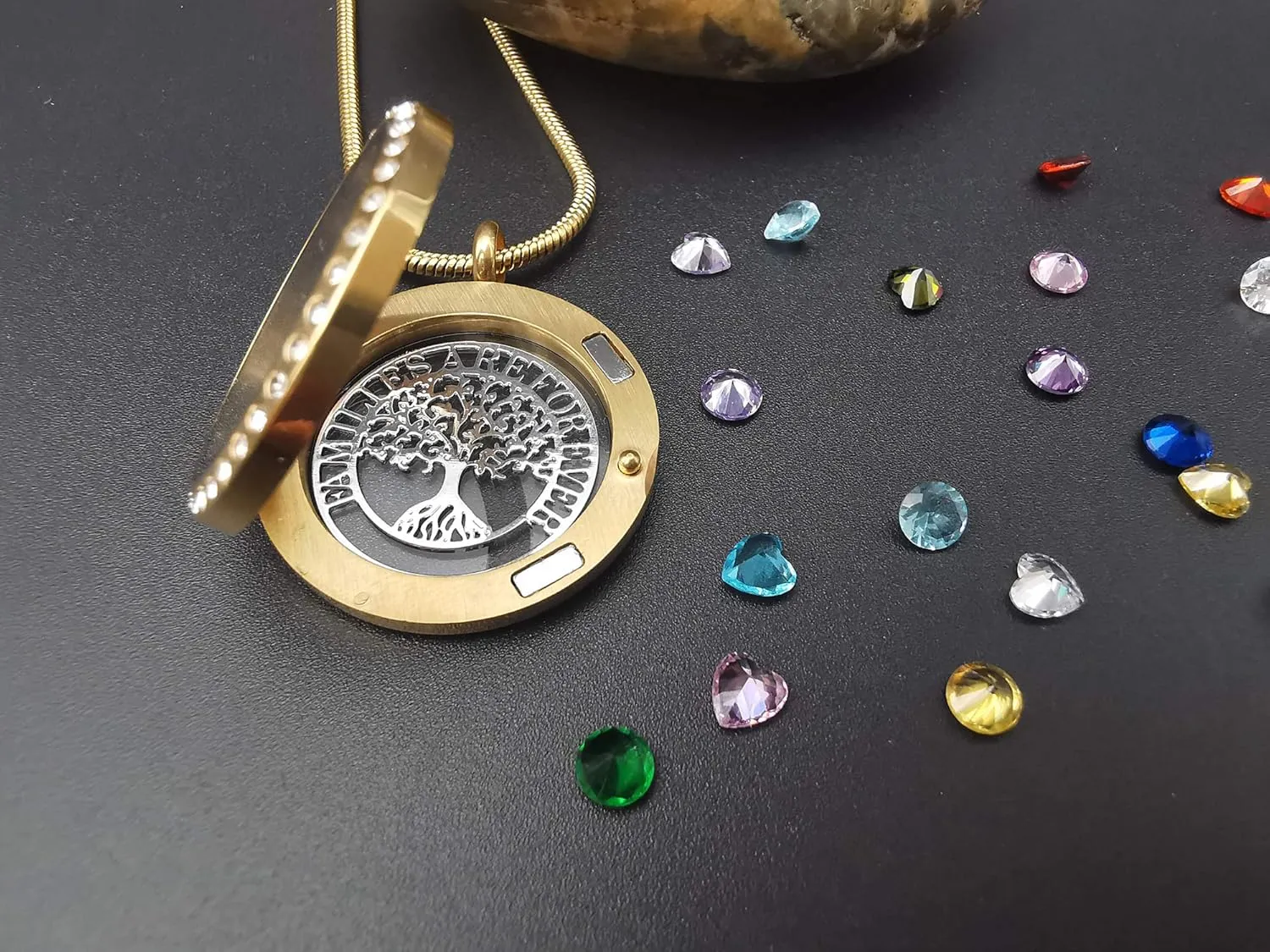 Familes Are Forever Family Tree of Life Floating Locket Necklace with 24 Birthstones