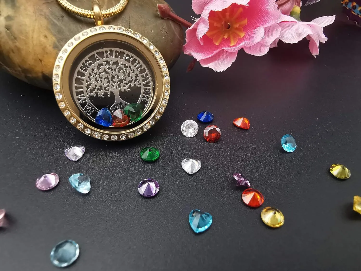 Familes Are Forever Family Tree of Life Floating Locket Necklace with 24 Birthstones