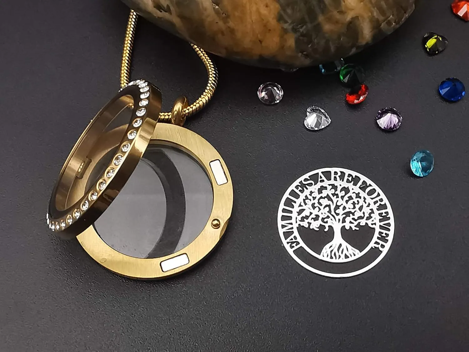 Familes Are Forever Family Tree of Life Floating Locket Necklace with 24 Birthstones