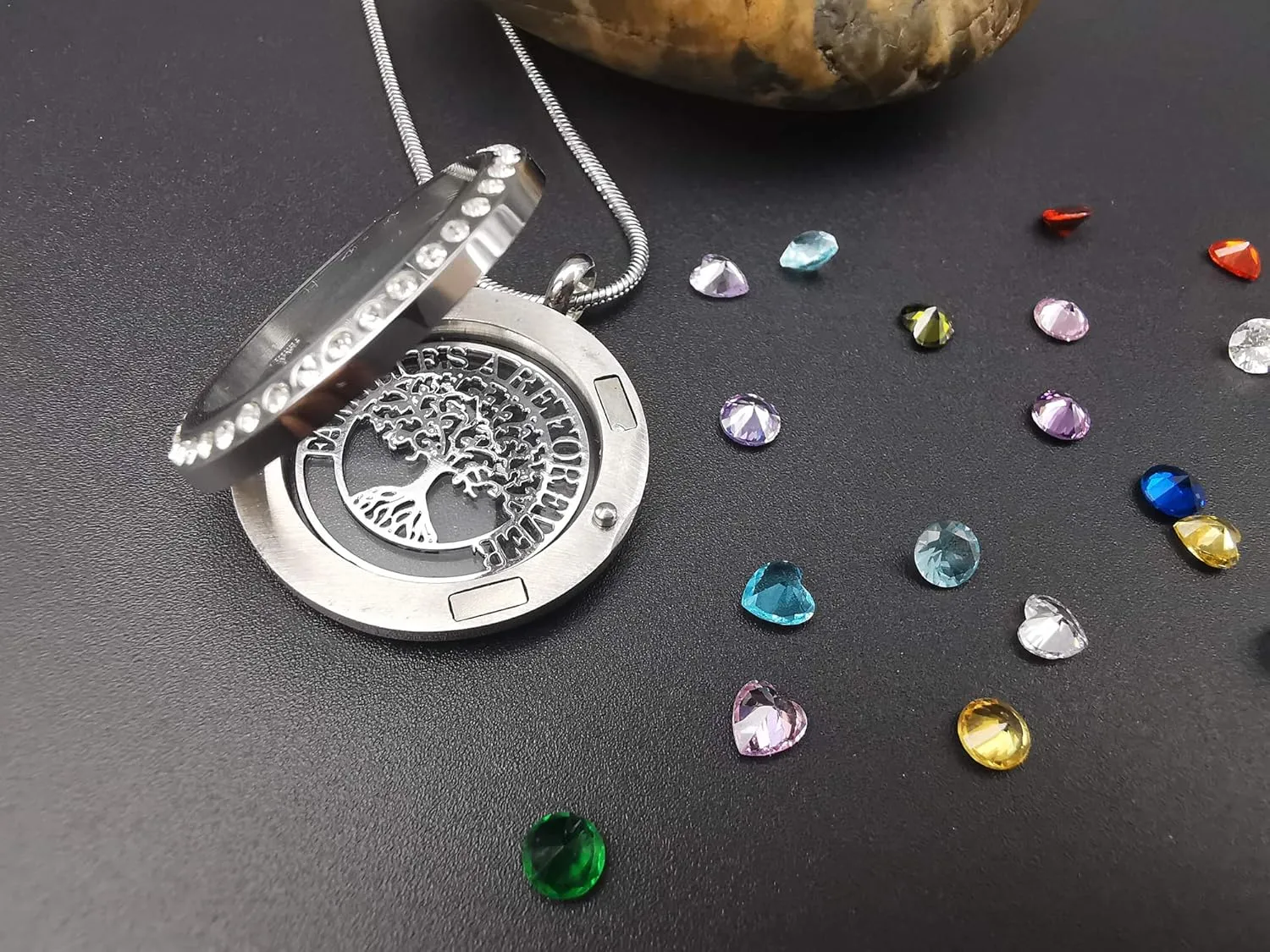 Familes Are Forever Family Tree of Life Floating Locket Necklace with 24 Birthstones