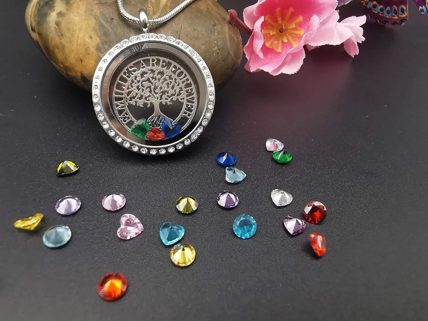 Familes Are Forever Family Tree of Life Floating Locket Necklace with 24 Birthstones