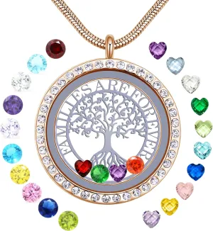 Familes Are Forever Family Tree of Life Floating Locket Necklace with 24 Birthstones
