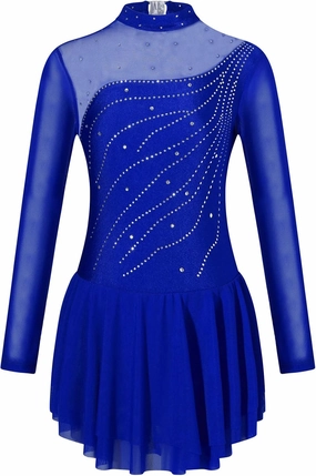 FEESHOW Kids Girls Long Sleeves Ballet Dance Leotards Dress Shiny Diamond Hollow Back Figure Ice Skating Dress