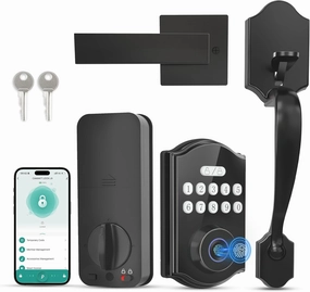 Fingerprint Smart Front Door Lock Set, APP Control Keyless Entry Door Lock with Handle, Anti-Peeping Digital Electronic Keypad, Auto Lock, Easy Install, Black