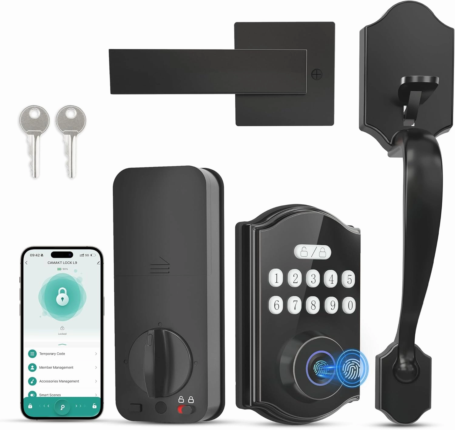 Fingerprint Smart Front Door Lock Set, APP Control Keyless Entry Door Lock with Handle, Anti-Peeping Digital Electronic Keypad, Auto Lock, Easy Install, Black