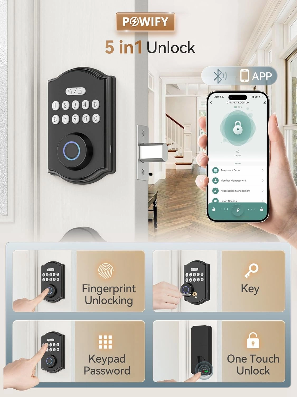 Fingerprint Smart Front Door Lock Set, APP Control Keyless Entry Door Lock with Handle, Anti-Peeping Digital Electronic Keypad, Auto Lock, Easy Install, Black