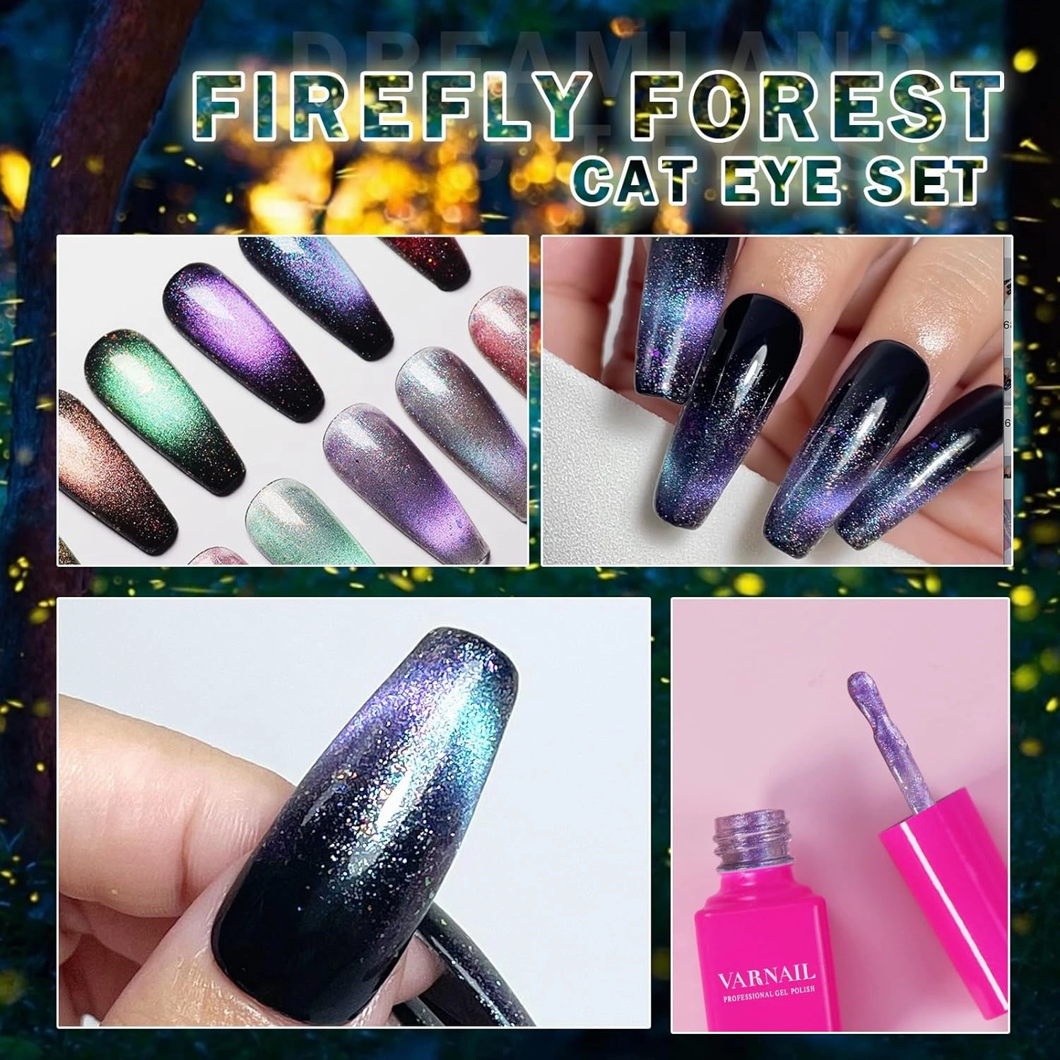 Firefly Forest Cat Eye Gel Polish Set 6 Colors with Gift Base Top Coat, 9D Holographic Cat Eye Nail Gel Polish with Magnet, Salon Quality Gel Nail Polish Set