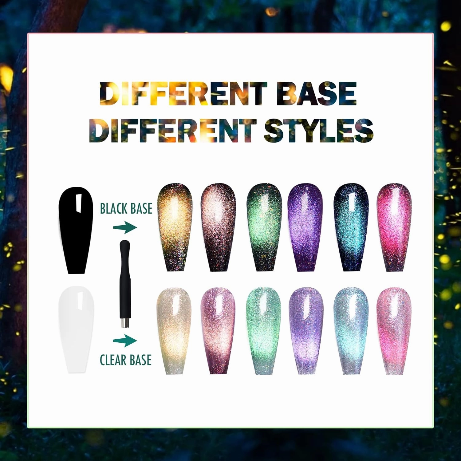 Firefly Forest Cat Eye Gel Polish Set 6 Colors with Gift Base Top Coat, 9D Holographic Cat Eye Nail Gel Polish with Magnet, Salon Quality Gel Nail Polish Set
