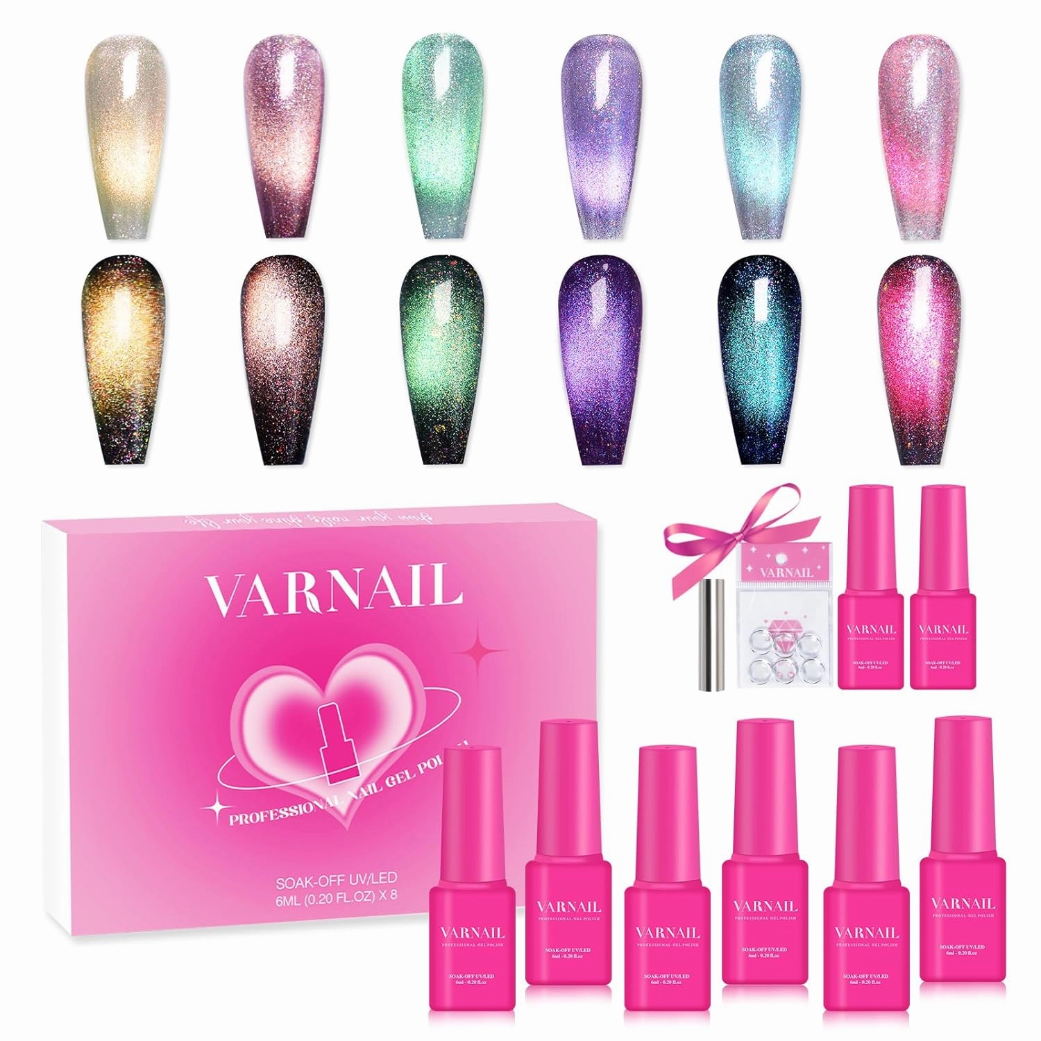 Firefly Forest Cat Eye Gel Polish Set 6 Colors with Gift Base Top Coat, 9D Holographic Cat Eye Nail Gel Polish with Magnet, Salon Quality Gel Nail Polish Set