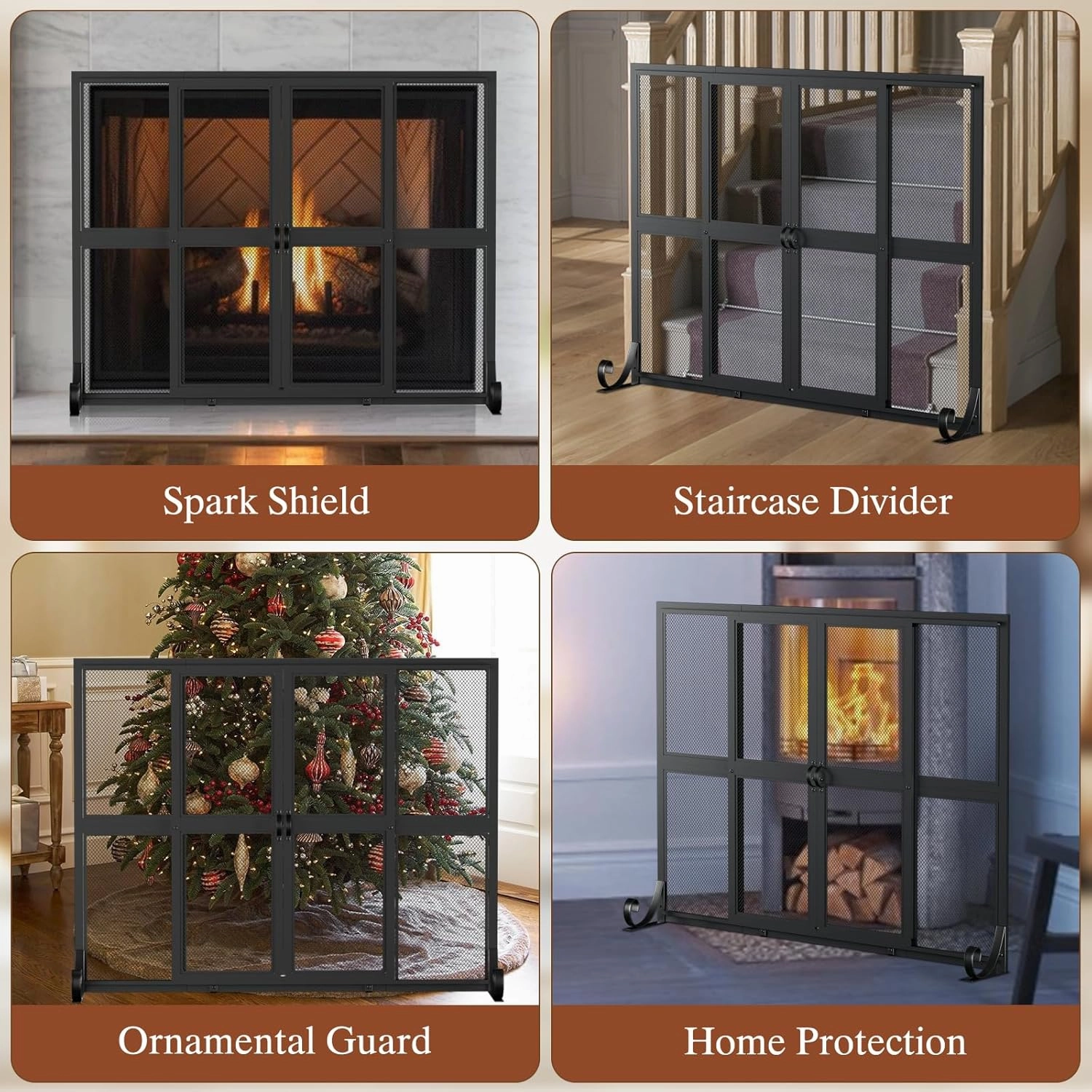 Fireplace Screen with Sliding Doors, 37.8" W x 30.7" H Handcrafted Wrought Iron Fire Spark Guard Fire Place Gate Protector for Living Room, Children and Pet Safety(Large)