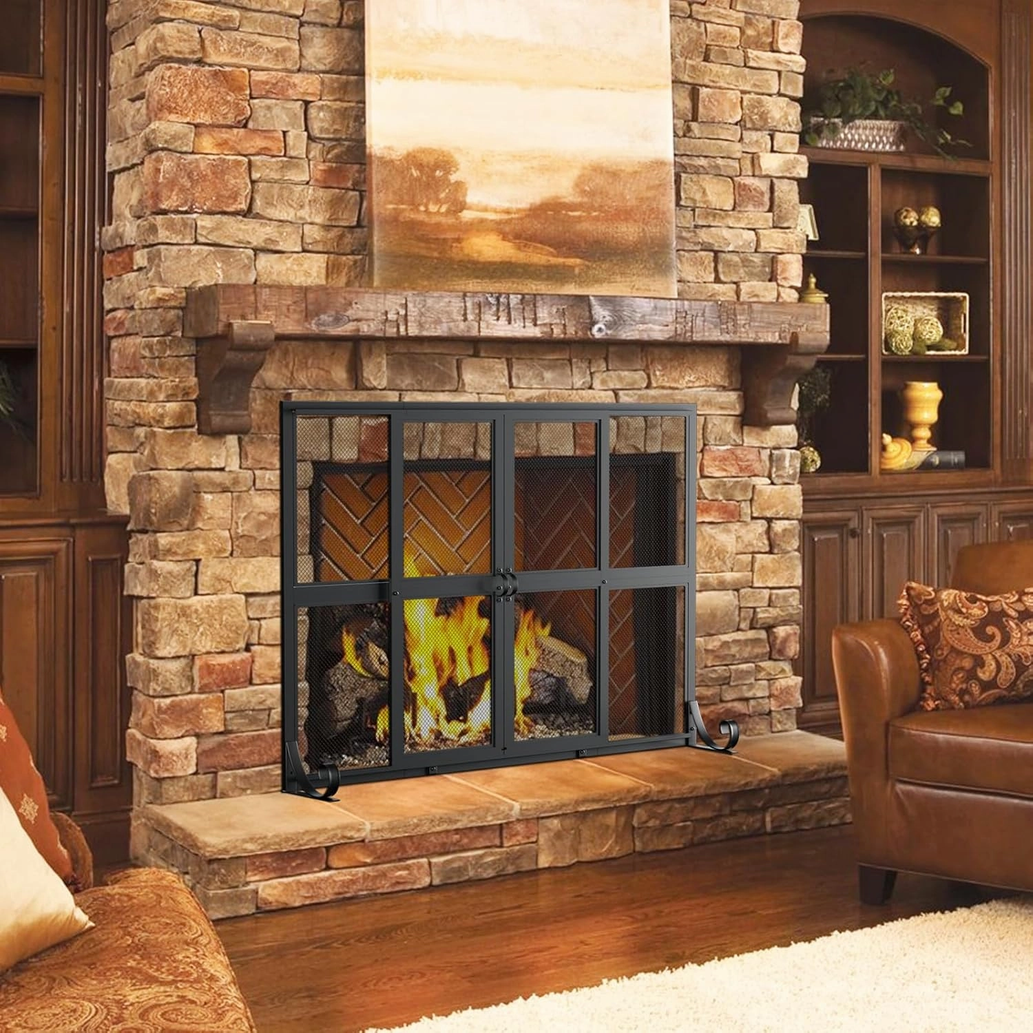 Fireplace Screen with Sliding Doors, 37.8" W x 30.7" H Handcrafted Wrought Iron Fire Spark Guard Fire Place Gate Protector for Living Room, Children and Pet Safety(Large)