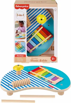 Fisher-Price Wood Toddler Toy Musical Table, 3-Piece Wooden Percussion Instrument for Developmental Play Kids Ages 2  Years