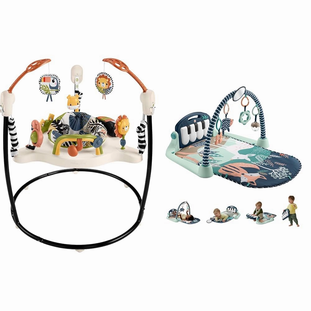 Fisher-Price Baby Bouncer Palm Paradise Jumperoo Activity Center & Playmat Kick & Play Piano Gym with Musical and Sensory Toys for Newborn to Toddler, Navy Fawn (Amazon Exclusive)