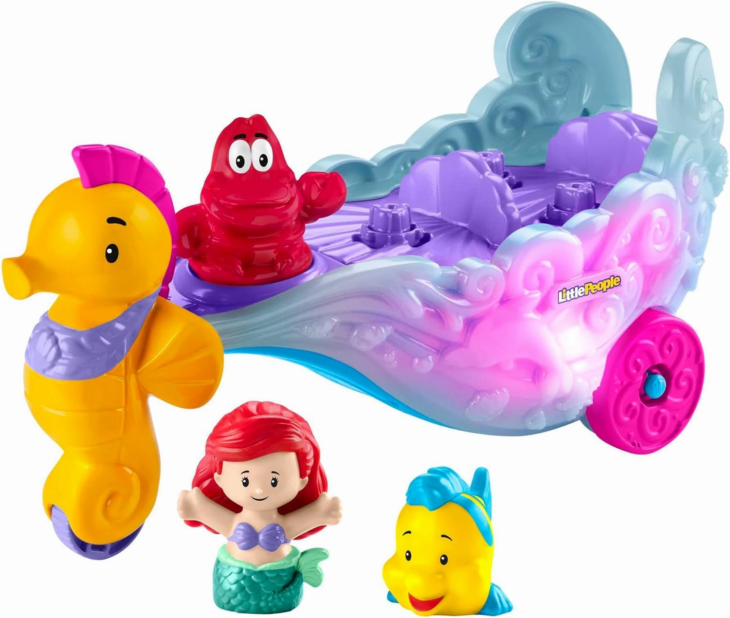 Fisher-Price Little People Toddler Toy Disney Princess Ariel's Light-Up Sea Carriage Musical Vehicle with 2 Figures for Ages 18  Months
