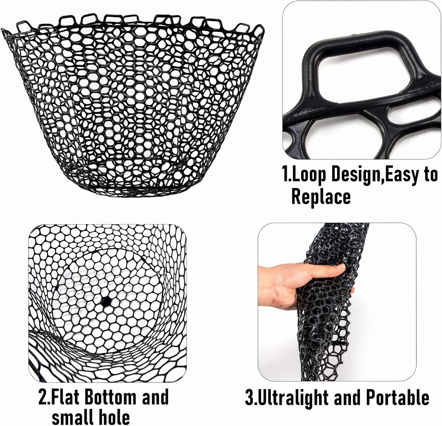 Fishing Nets Silicone Replacement Netting, Clear Black Fly Ice Fishing Net Landing Kayak Nets Without Handle for Freshwater Saltwater Foldable Soft Flexible Trout Net Silicone Mesh