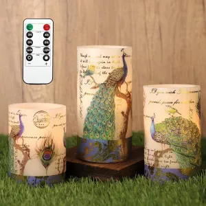 Flameless Peacock Battery Operated Candles With Remote - Flickering Pillar Real Wax LED Vintage Home Decor for Spring, Wedding, Mother's Day Gifts