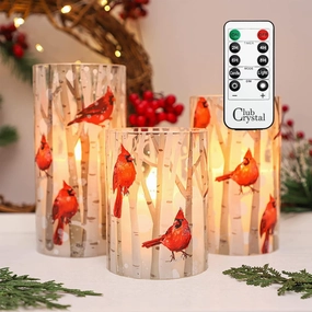Flameless Candles, Cardinal Theme, (Set of 3) Battery Operated LED Candles with Remote, Real Wax & Glass Effect Candle with Timer for Christmas Home Festival Décor